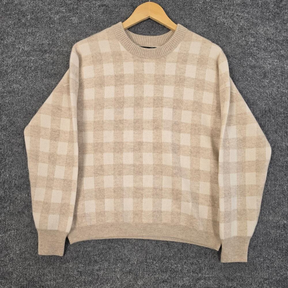 Naadam Sweater Medium Checkered Cashmere Knit Crewneck Beige Cozy Lounge Cute